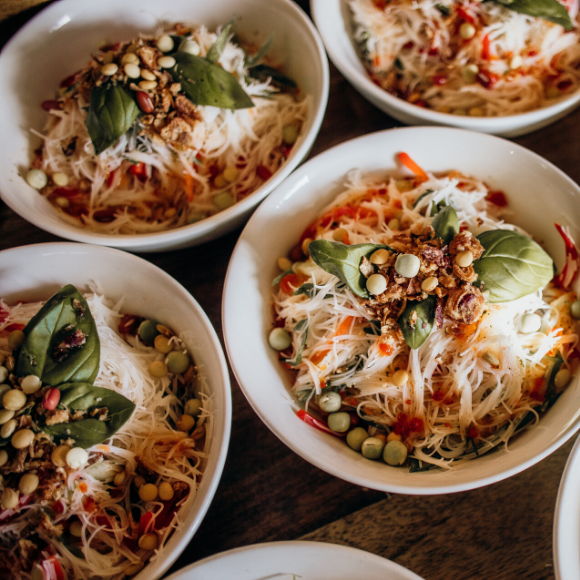 rice noodles, coriander, mint, basil